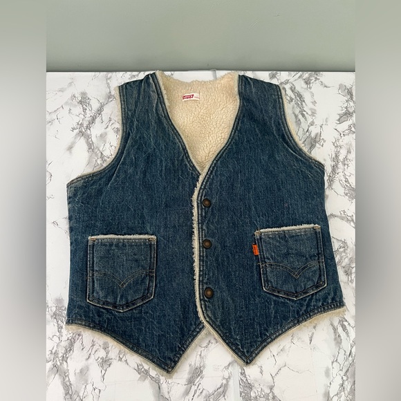 Levi's Blue Denim Jean Sherpa Vest Size M Vintage Made USA orange label unisex - Picture 7 of 11